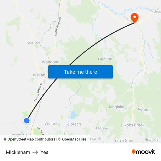 Mickleham to Yea map