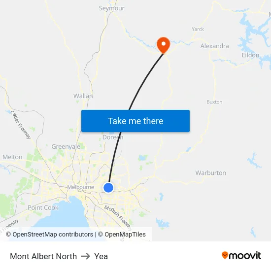 Mont Albert North to Yea map