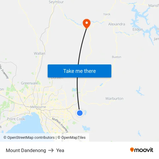 Mount Dandenong to Yea map