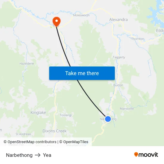 Narbethong to Yea map