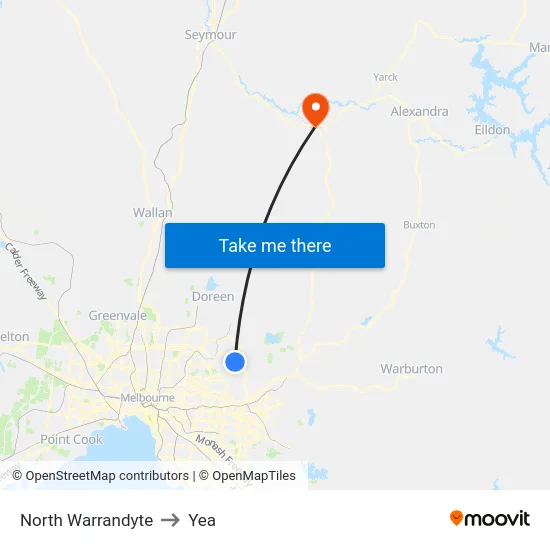 North Warrandyte to Yea map