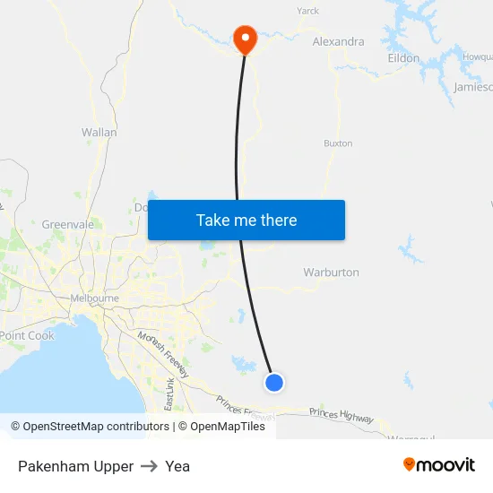Pakenham Upper to Yea map