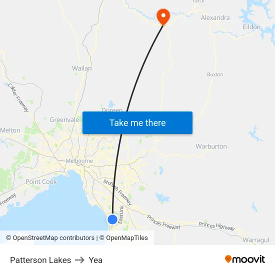 Patterson Lakes to Yea map
