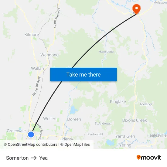Somerton to Yea map