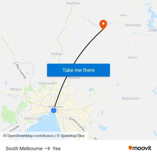 South Melbourne to Yea map