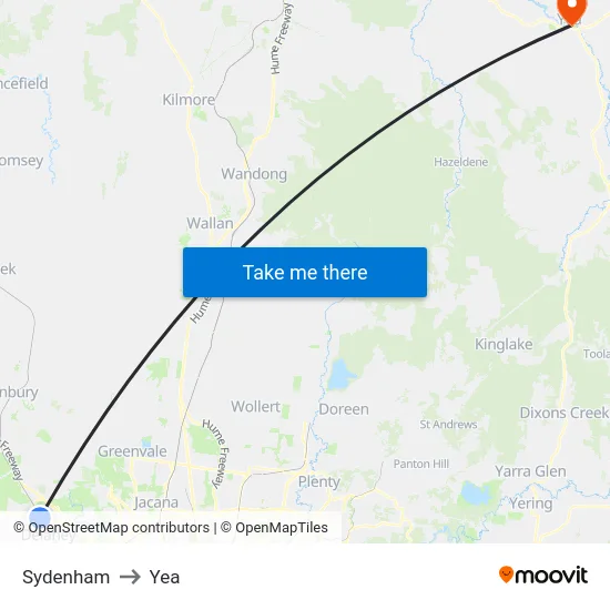 Sydenham to Yea map