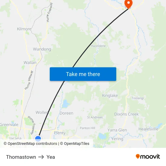 Thomastown to Yea map