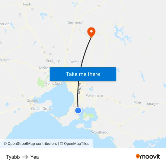 Tyabb to Yea map