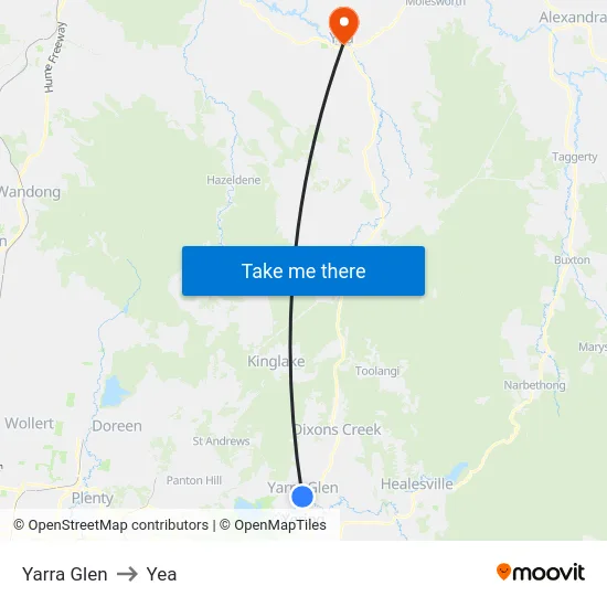 Yarra Glen to Yea map