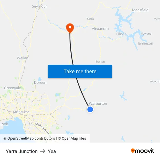 Yarra Junction to Yea map
