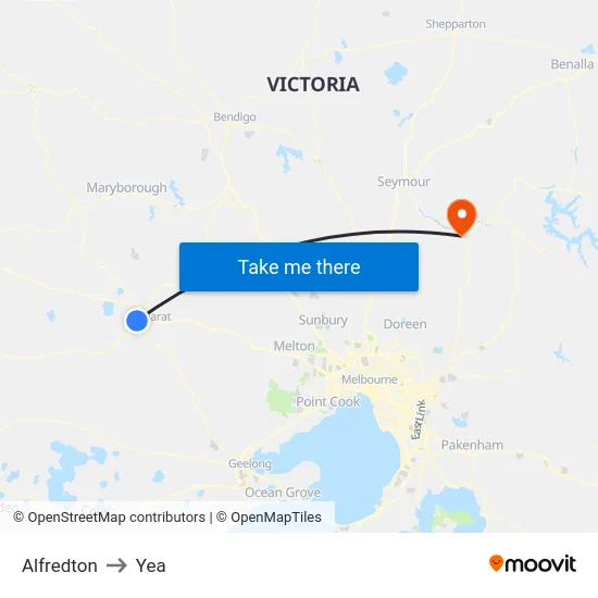 Alfredton to Yea map