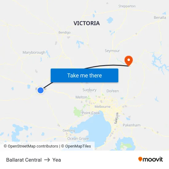Ballarat Central to Yea map