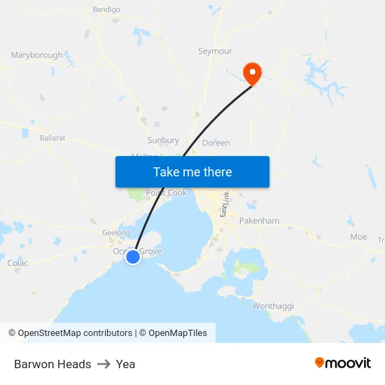 Barwon Heads to Yea map