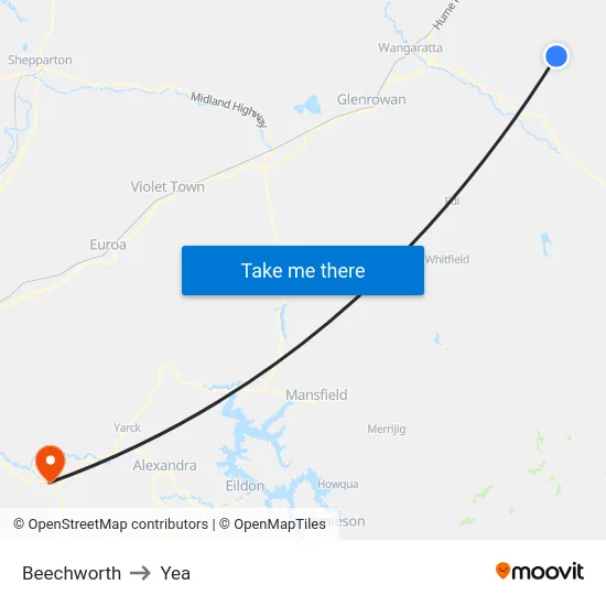 Beechworth to Yea map
