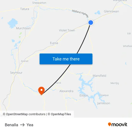 Benalla to Yea map