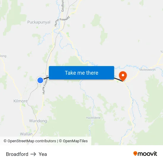Broadford to Yea map