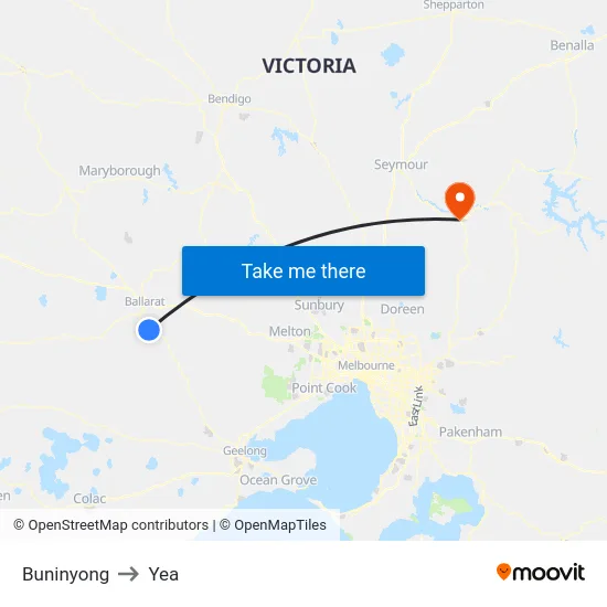 Buninyong to Yea map