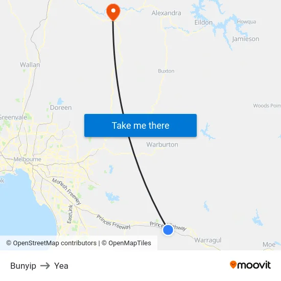 Bunyip to Yea map