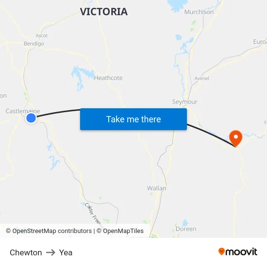 Chewton to Yea map