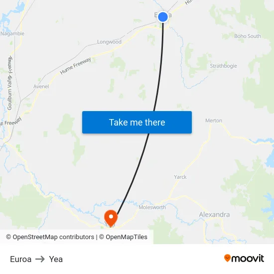 Euroa to Yea map