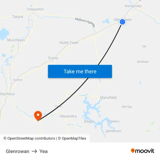 Glenrowan to Yea map