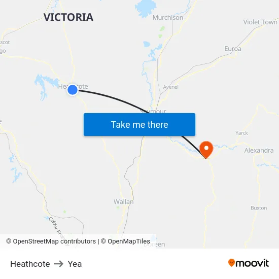 Heathcote to Yea map