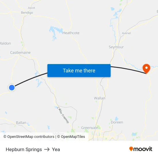 Hepburn Springs to Yea map