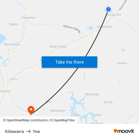Killawarra to Yea map