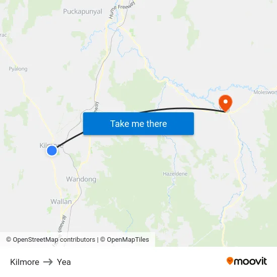 Kilmore to Yea map