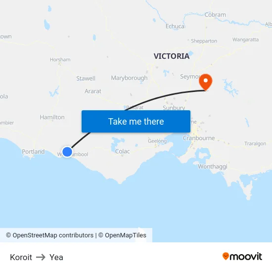Koroit to Yea map