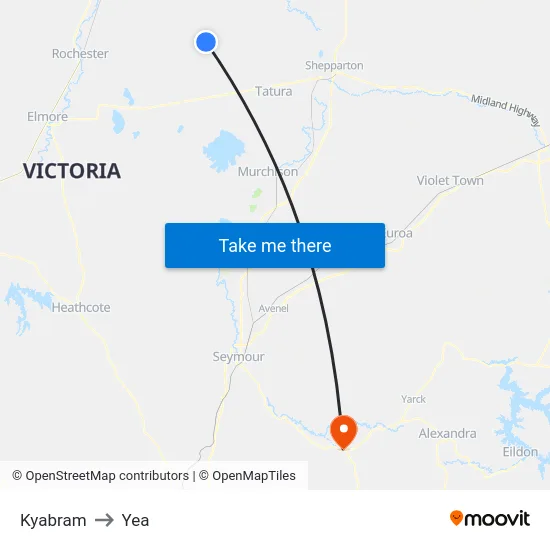 Kyabram to Yea map
