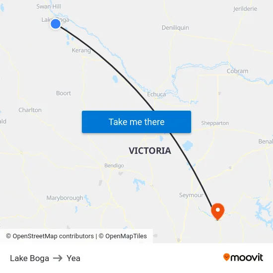 Lake Boga to Yea map