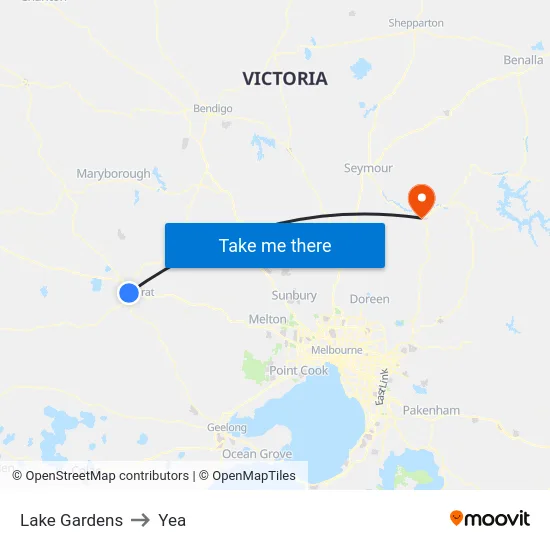 Lake Gardens to Yea map