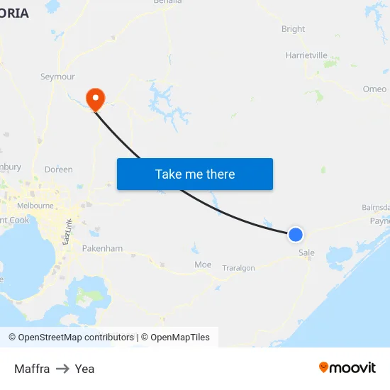 Maffra to Yea map