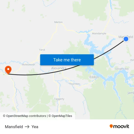 Mansfield to Yea map