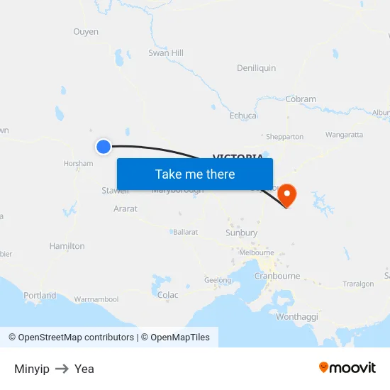 Minyip to Yea map