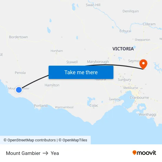 Mount Gambier to Yea map