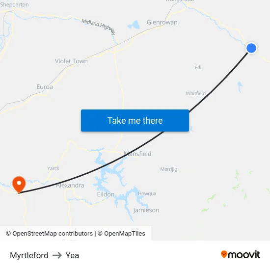 Myrtleford to Yea map
