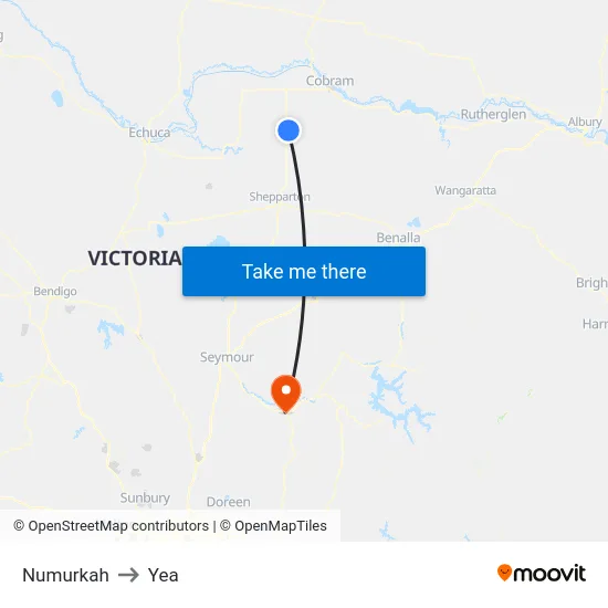 Numurkah to Yea map