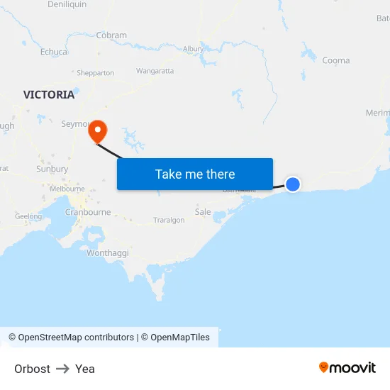 Orbost to Yea map