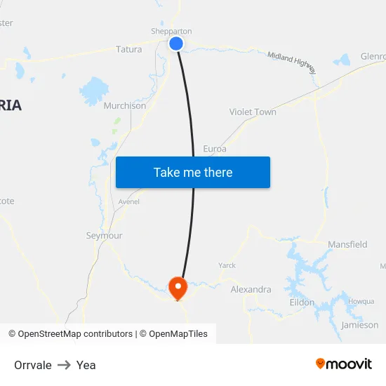 Orrvale to Yea map