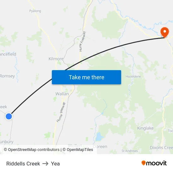 Riddells Creek to Yea map