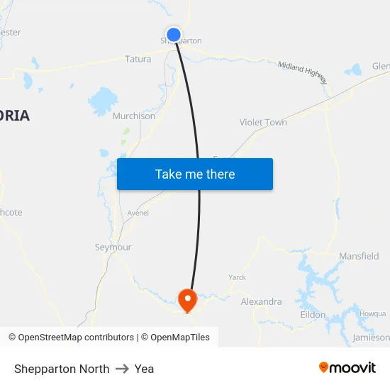 Shepparton North to Yea map
