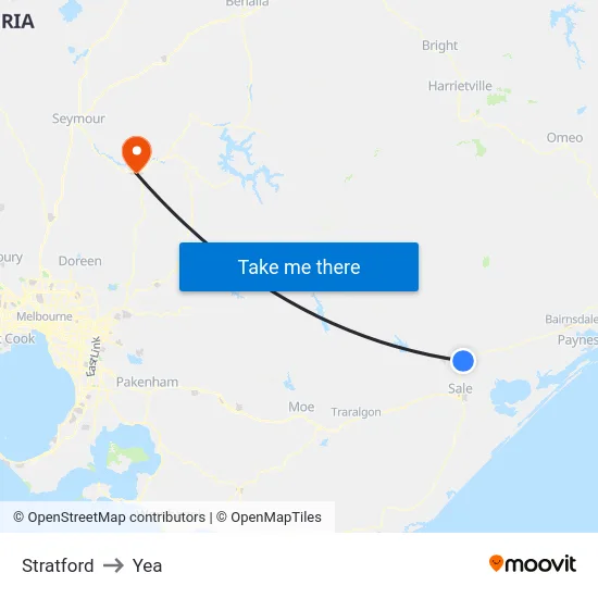 Stratford to Yea map