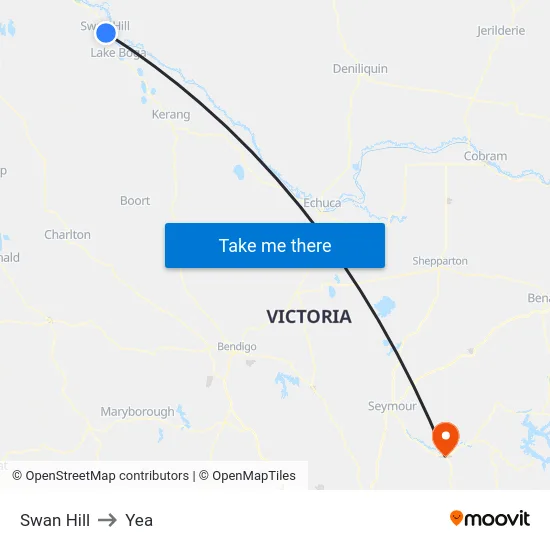 Swan Hill to Yea map