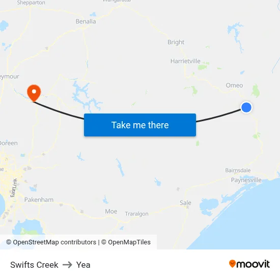 Swifts Creek to Yea map