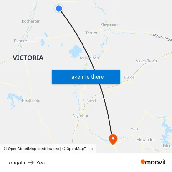 Tongala to Yea map