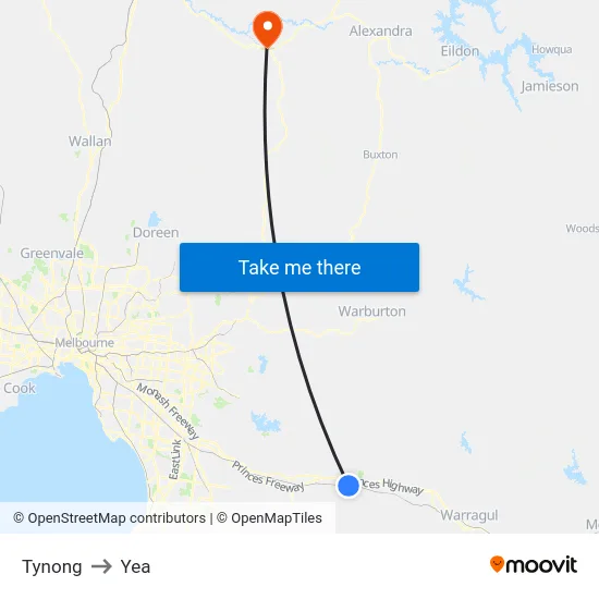 Tynong to Yea map