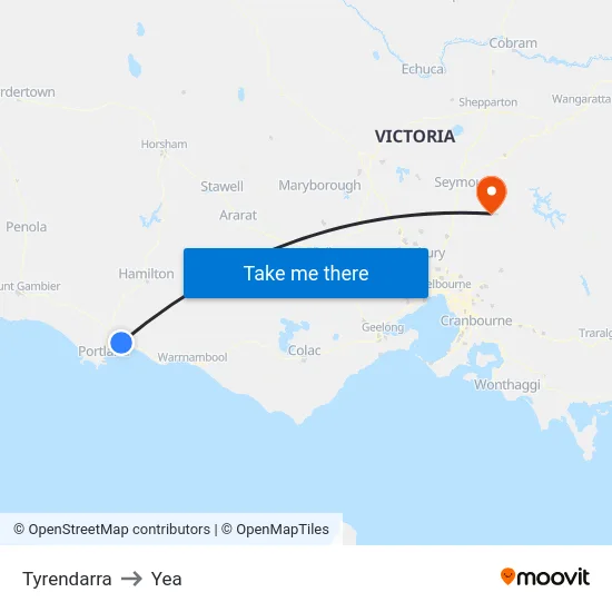 Tyrendarra to Yea map