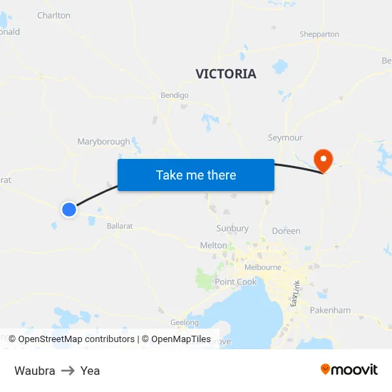 Waubra to Yea map